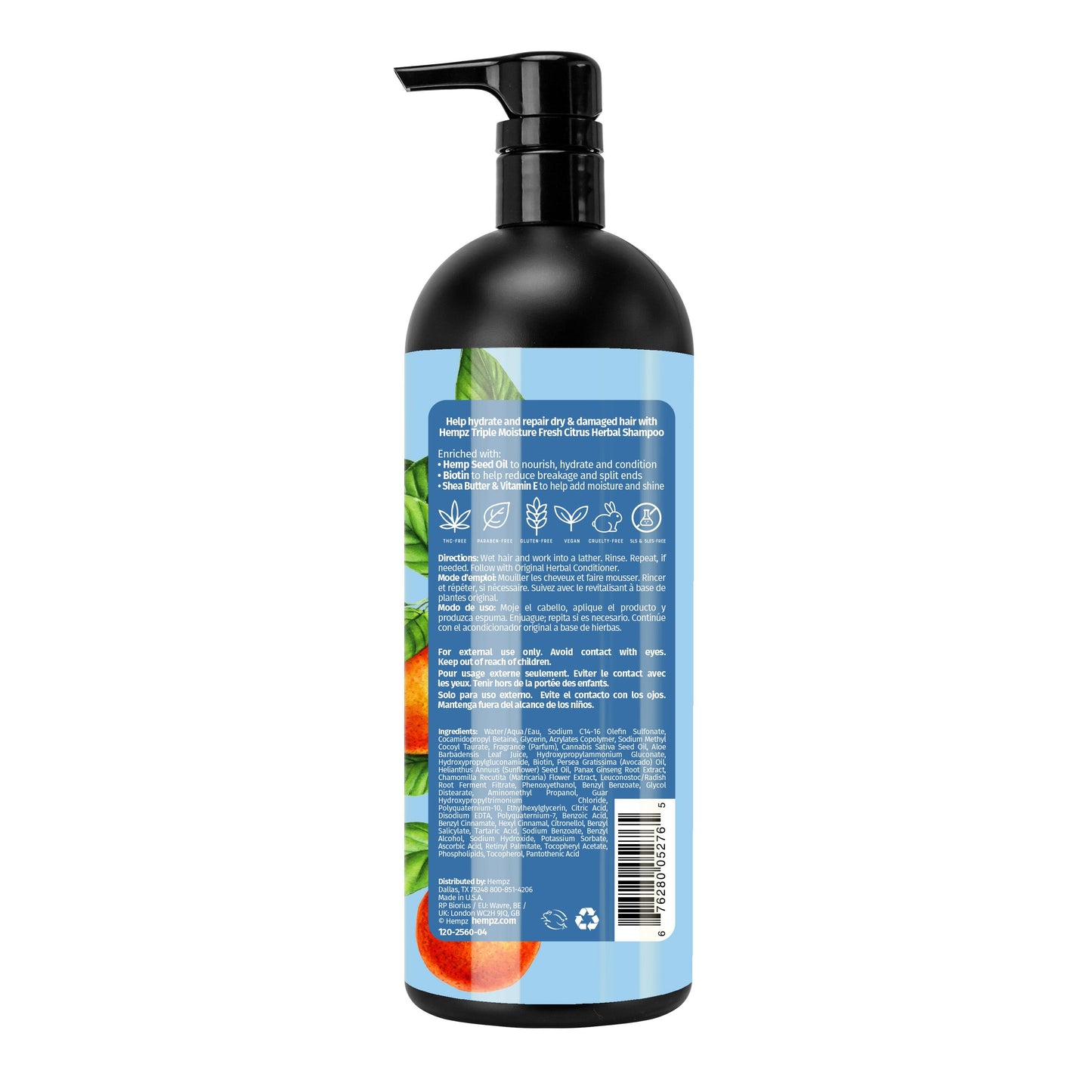 Hempz Triple Moisture Fresh Citrus Herbal Shampoo with Vegan Biotin & Shea Butter for Dry/Damaged Hair, Liter Back