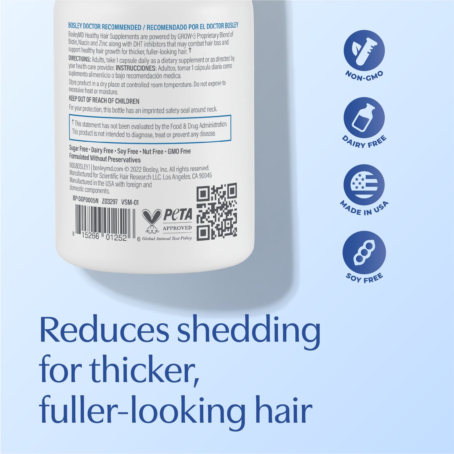 Back of the bottle. Reduces shedding for thicker, fuller-looking hair.