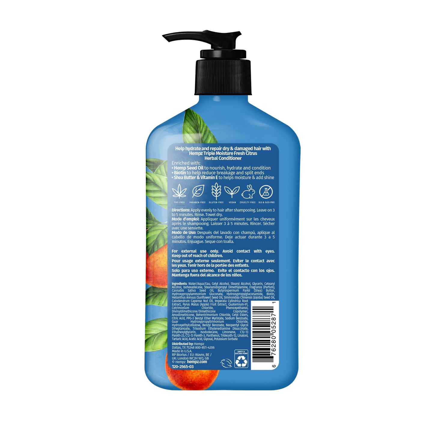 Hempz Triple Moisture Fresh Citrus Herbal Conditioner with Vegan Biotin & Shea Butter for Dry/Damaged Hair, 17oz Back