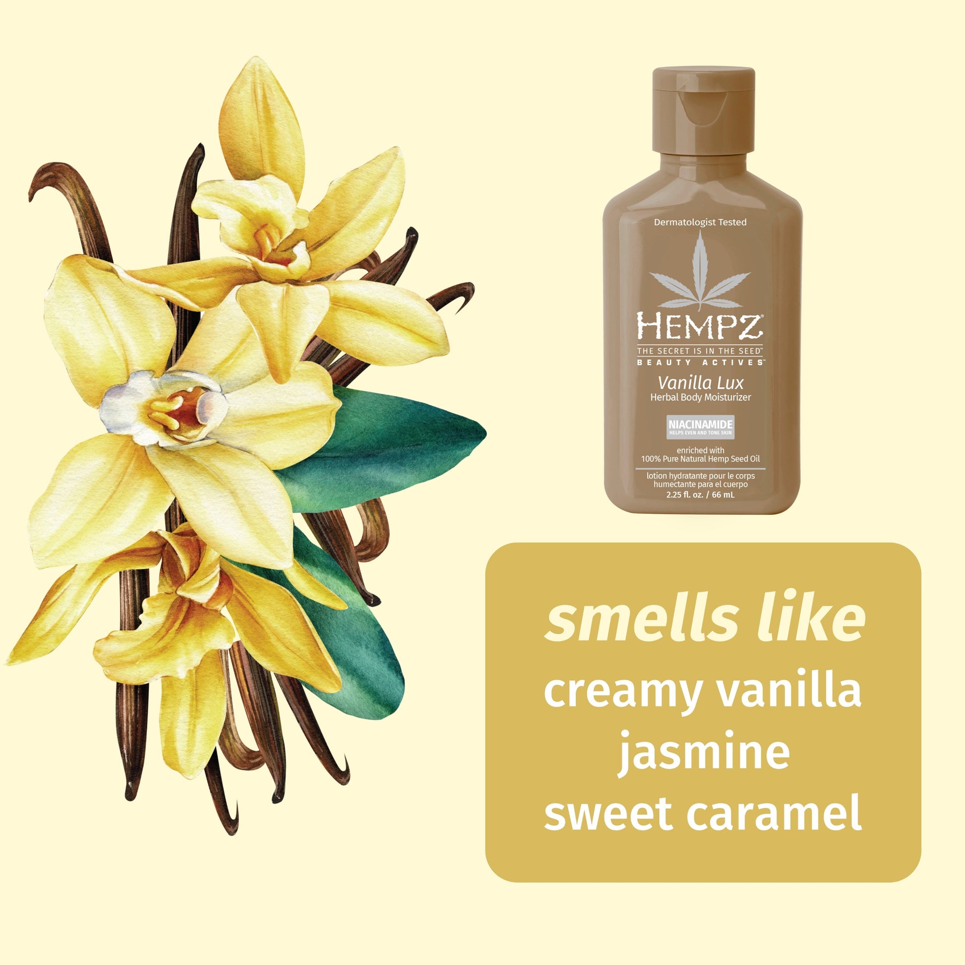 Natural ingredients in Hempz Beauty Actives Vanilla Lux Herbal Body Moisturizer fragrance notes 