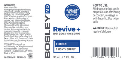 BosleyMD Revive+ Hair Densifying Serum for Men One Month Supply Label.
