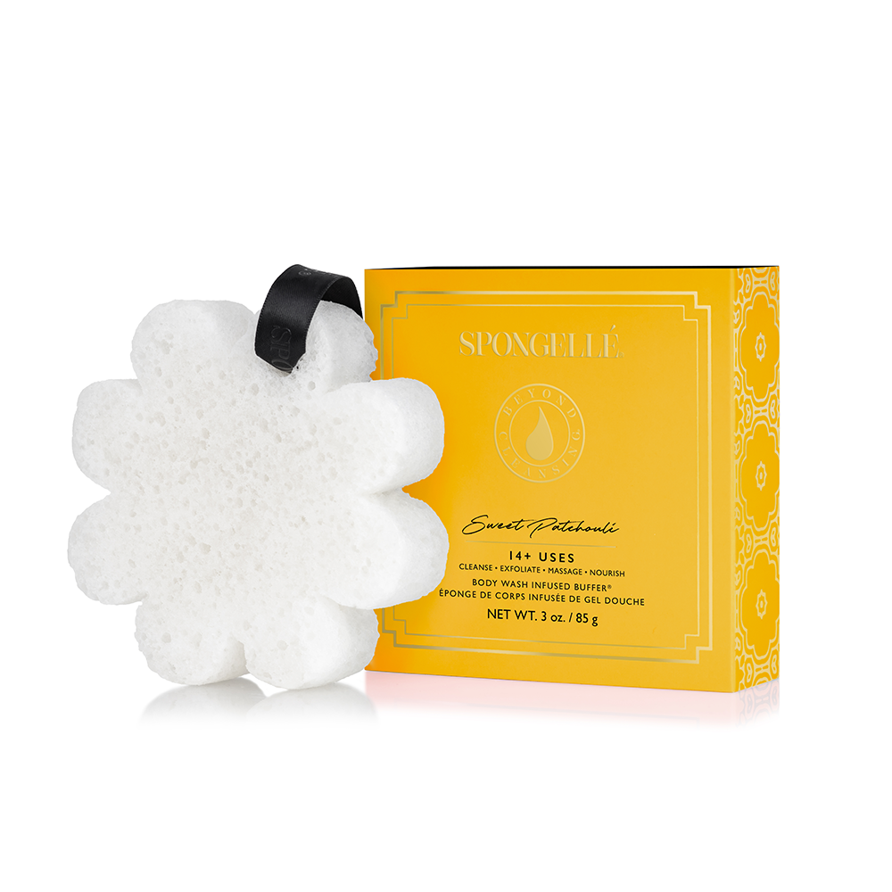 Sweet Patchouli Boxed Flower Body Wash Infused Buffer White Sponge