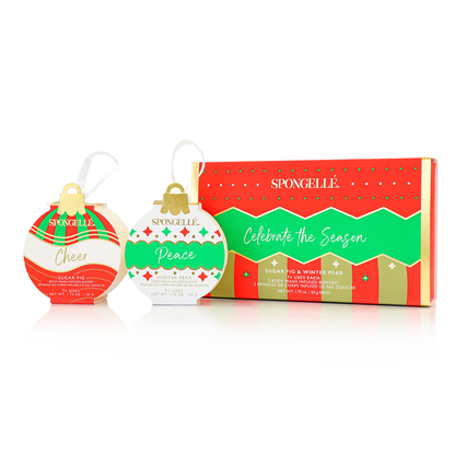 Celebrate the Season Holiday Ornament Gift Set of 2 Body Wash Infused Buffer