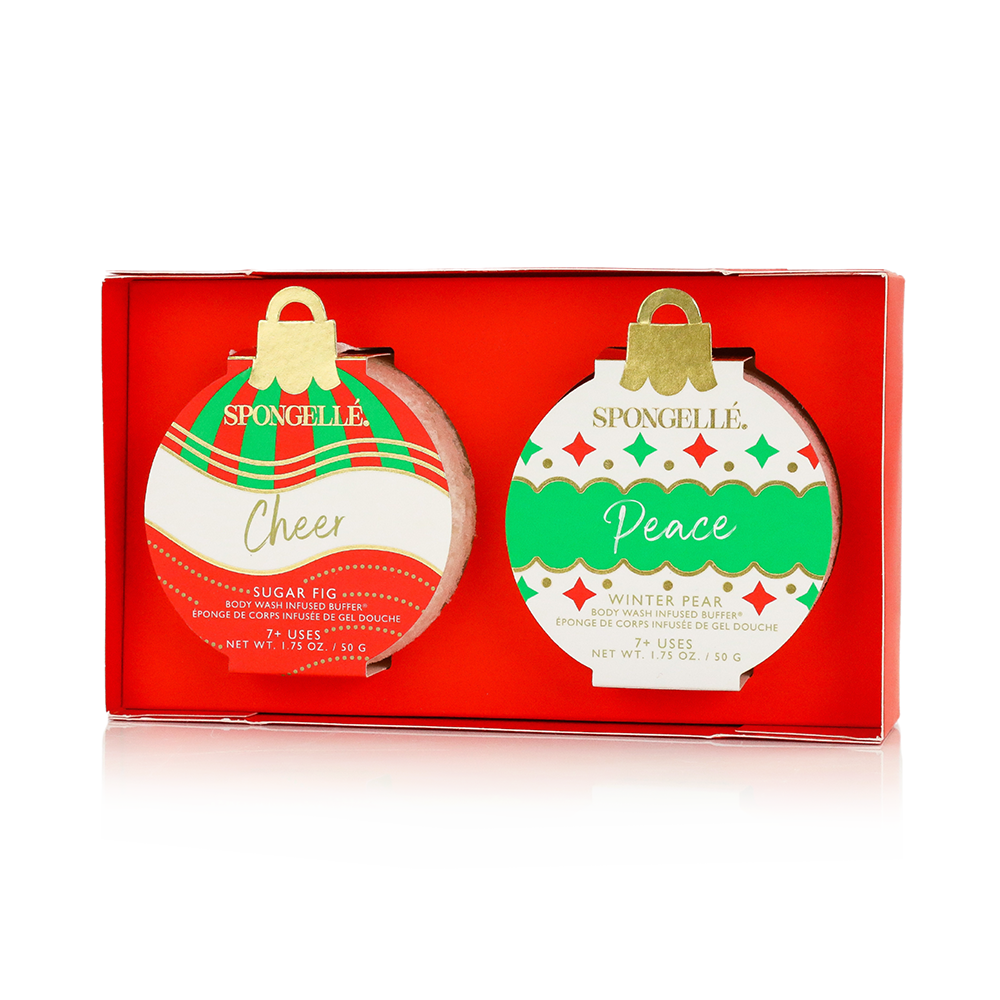 Celebrate the Season Holiday Ornament Gift Set of 2 Body Wash Infused Buffer