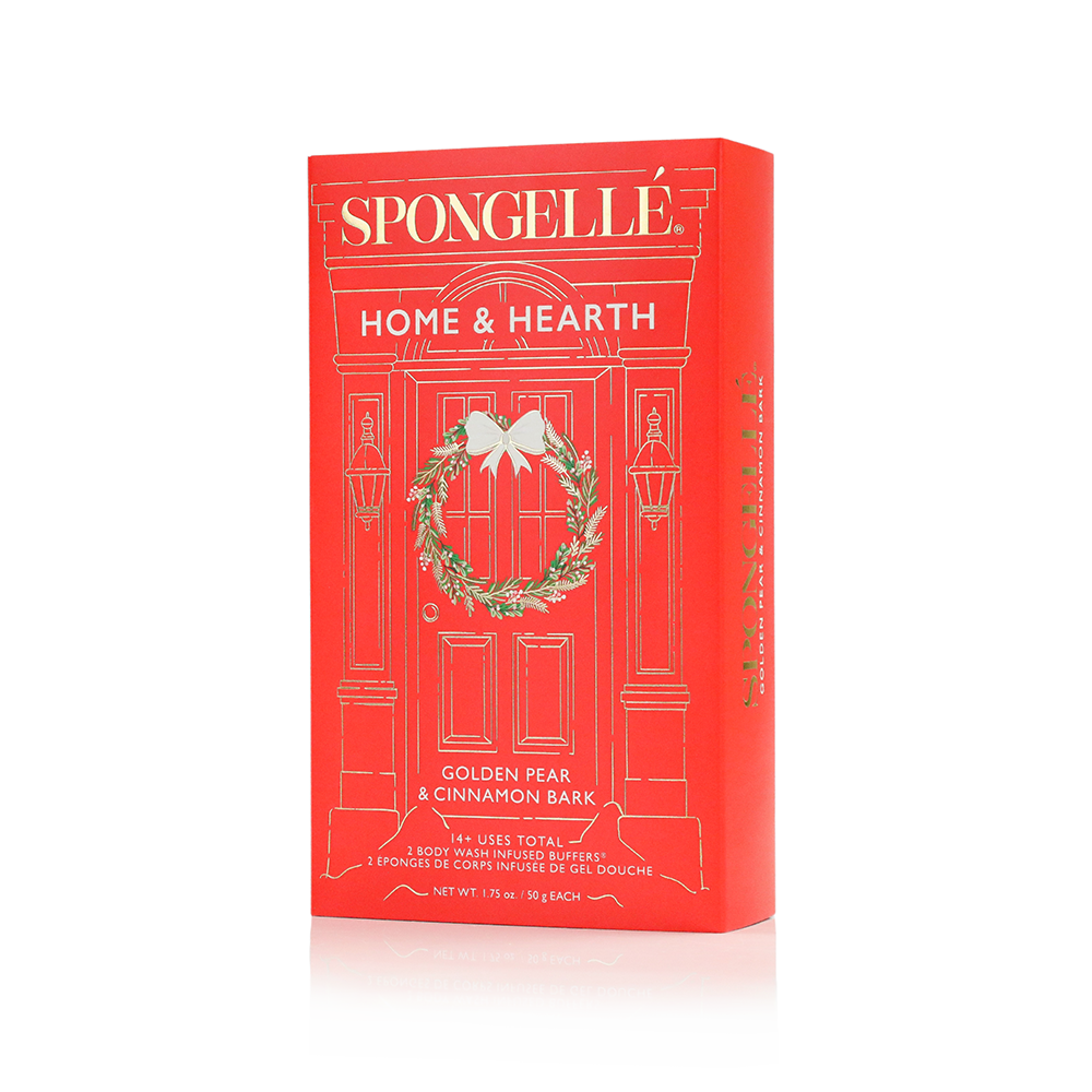 Spongellé Home & Hearth body buffer gift set packaging with a wreath design on a white background