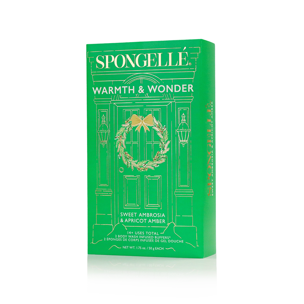Spongellé 'Warmth & Wonder' body buffer gift set on a white background