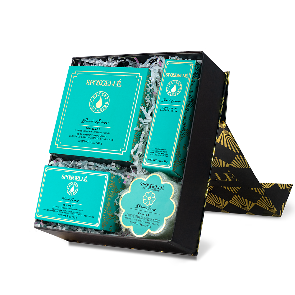 Beach Grass Daisy Gift Set Boxed Flower Body Wash Infused Buffer, Pedi Buffer, Hand Cream, Daisy Spongette Travel Buffer