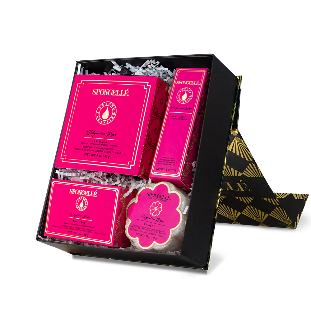 Bulgarian Rose Daisy Gift Set Boxed Flower Body Wash Infused Buffer, Pedi Buffer, Hand Cream, Daisy Spongette Travel Buffer