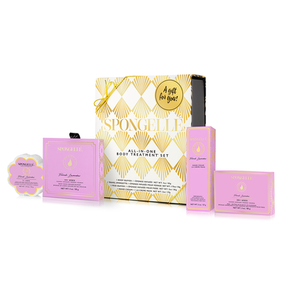 French Lavender Daisy Gift Set Boxed Flower Body Wash Infused Buffer, Pedi Buffer, Hand Cream, Daisy Spongette Travel Buffer