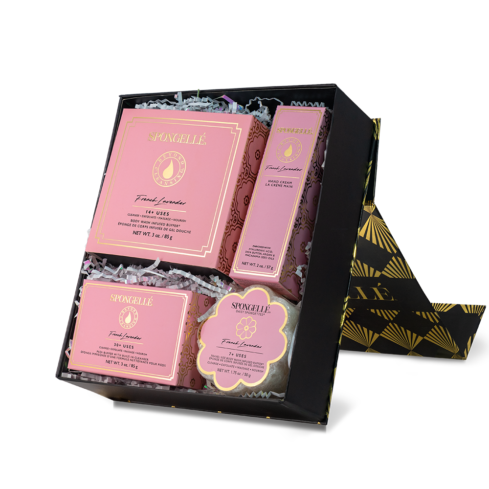 French Lavender Daisy Gift Set Boxed Flower Body Wash Infused Buffer, Pedi Buffer, Hand Cream, Daisy Spongette Travel Buffer