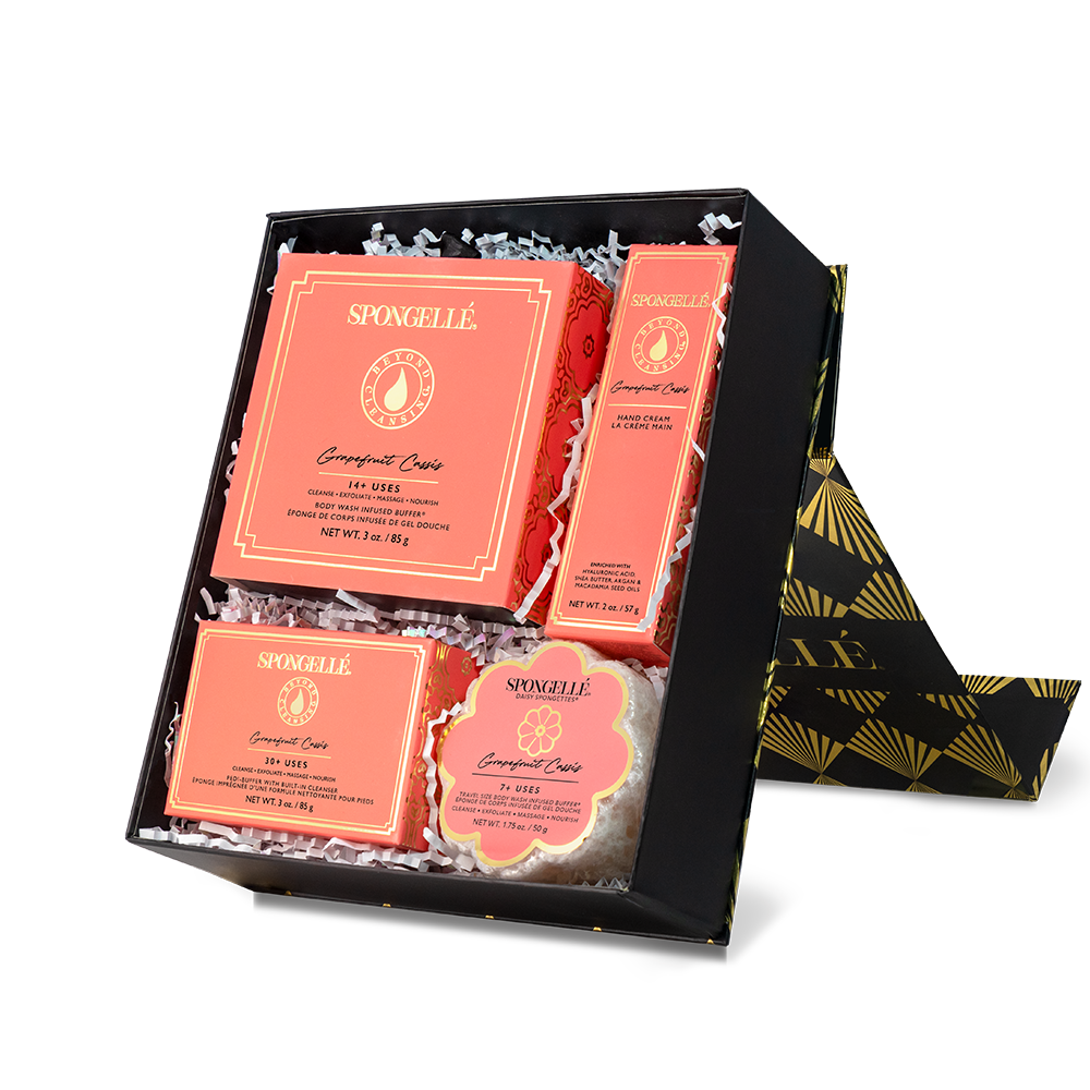 Grapefruit Cassis Daisy Gift Set Boxed Flower Body Wash Infused Buffer, Pedi Buffer, Hand Cream, Daisy Spongette Travel Buffer
