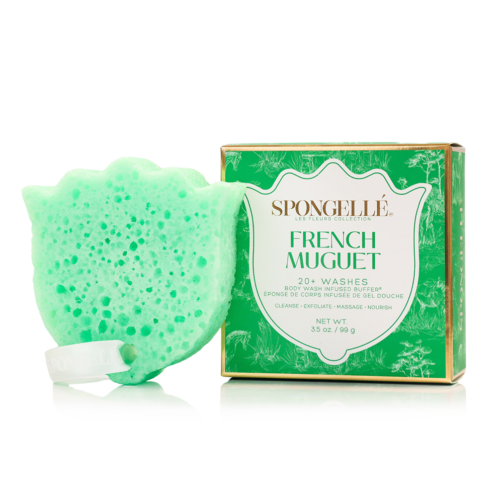 French Muguet Les Fleurs Body Wash Infused Buffer Green Sponge