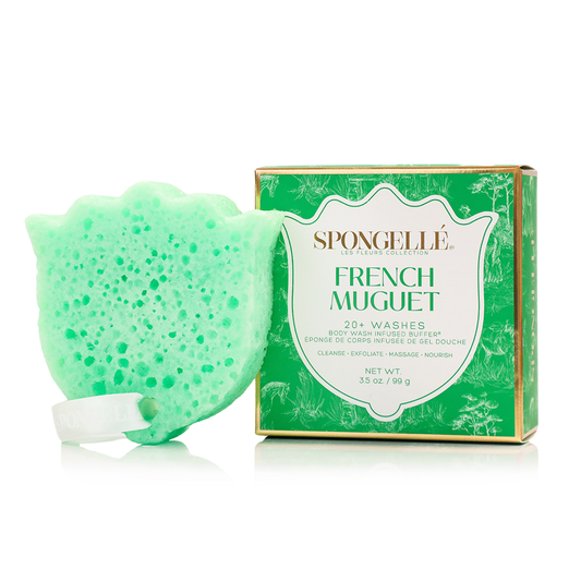 French Muguet Les Fleurs Body Wash Infused Buffer Green Sponge