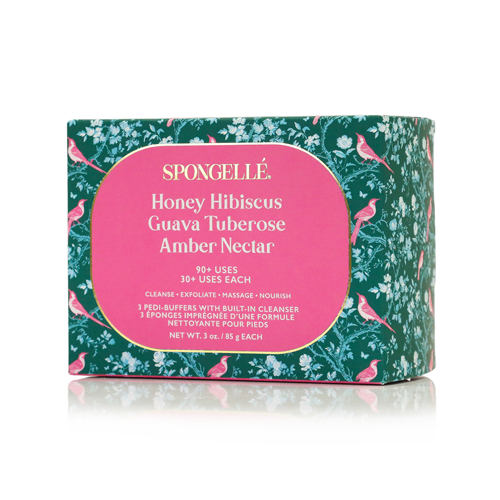 Spongelle Pedi Buffer Trio Set packaging with floral design and pink label on a white background
