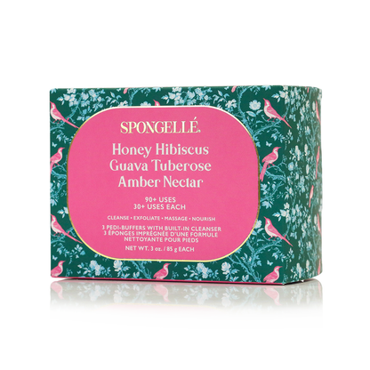 Spongelle Pedi Buffer Trio Set packaging with floral design and pink label on a white background