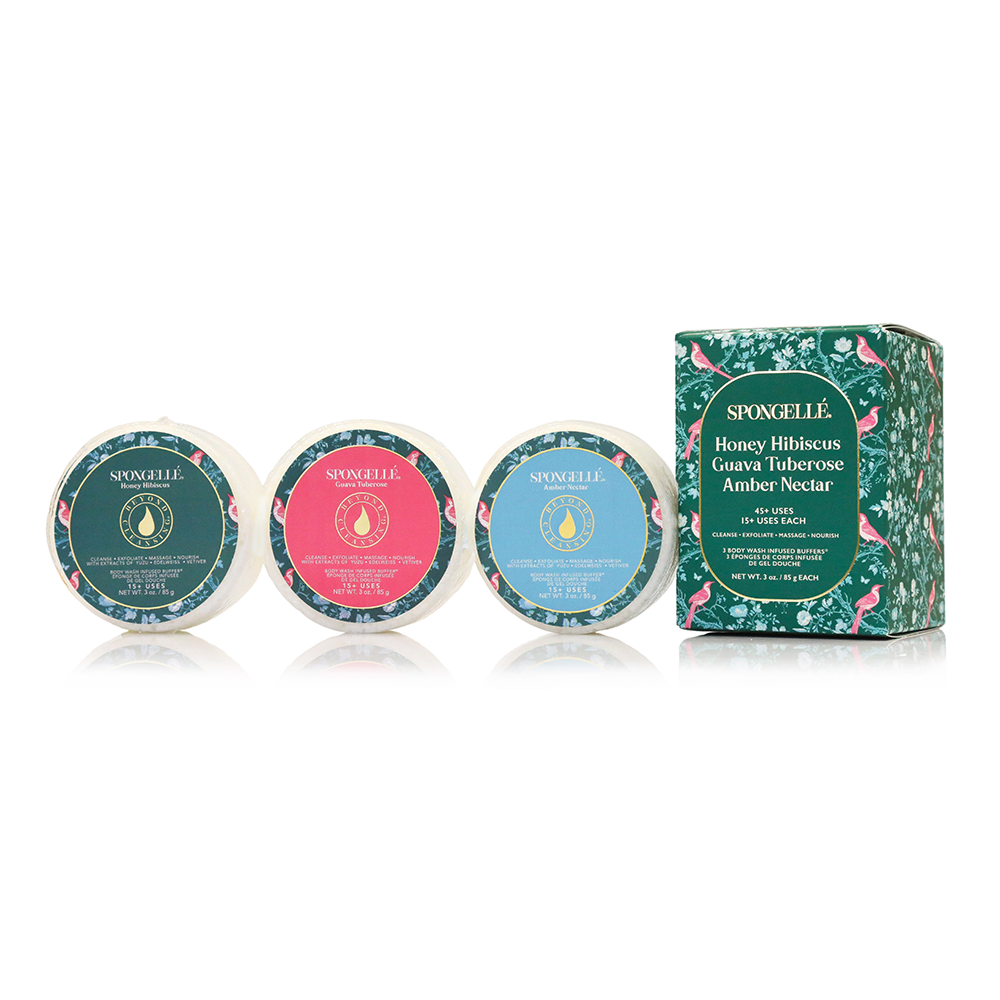 Three Spongellé Body Wash Infused Buffer with Trio Set packaging with colorful labels on a white background.