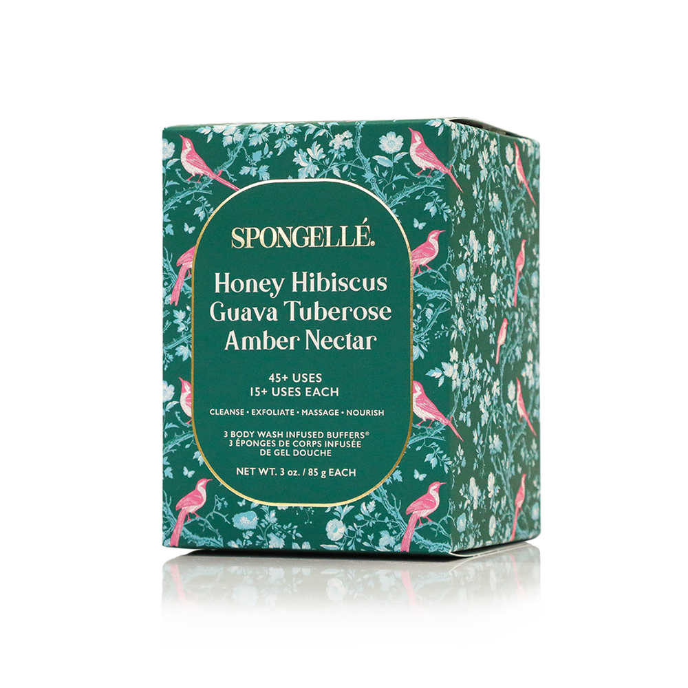 Spongellé Body Wash Infused Buffer Trio Set with floral design packaging on a white background