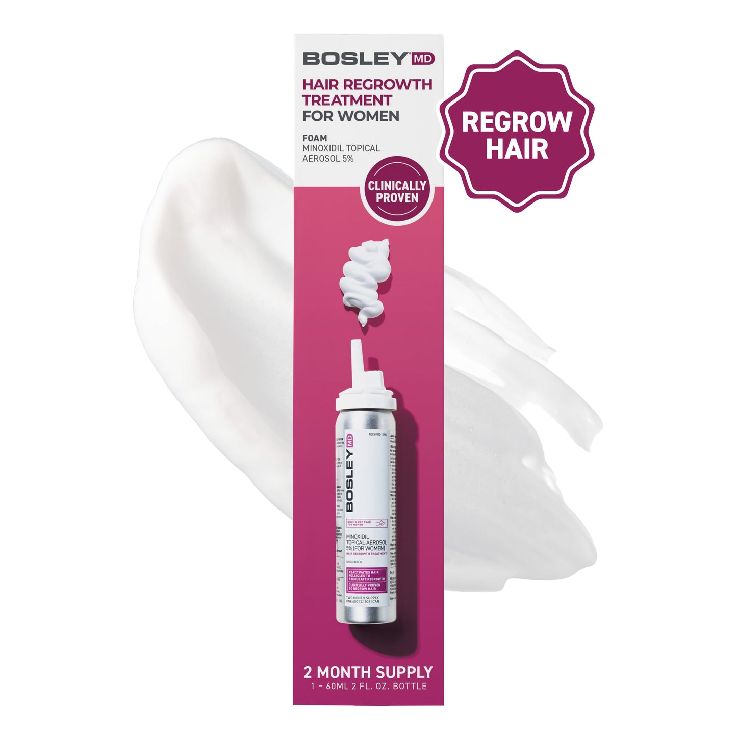 BosleyMD Minoxidil topical aerosol 5% hair regrowth treatment for women.