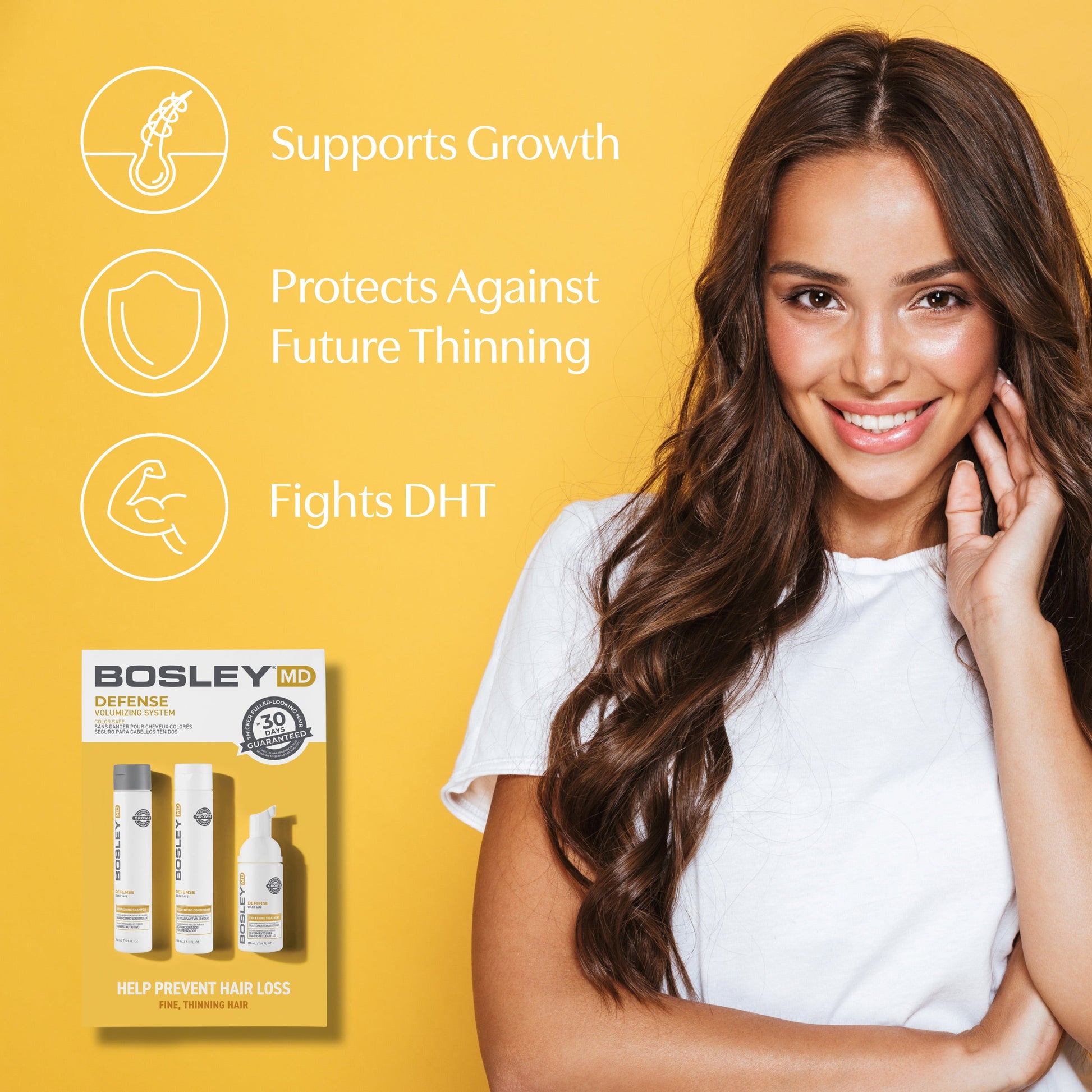 BosleyMD Defense Volumizing System. Supports growth, protects against future thinning, fights DHT.