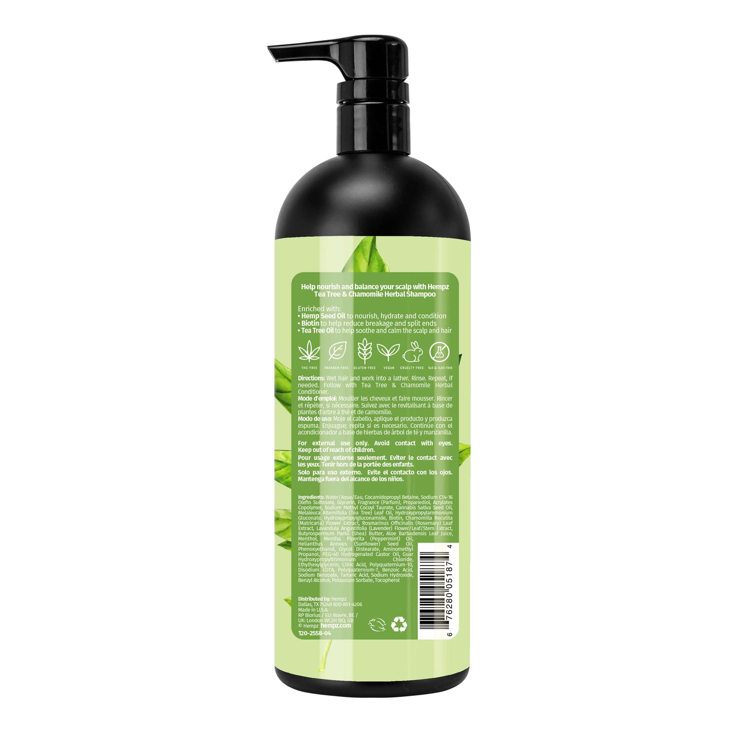 Hempz Liter-Size Tea Tree & Chamomile Herbal Shampoo with Vegan Biotin & Tea Tree Oil for Scalp Care, Back
