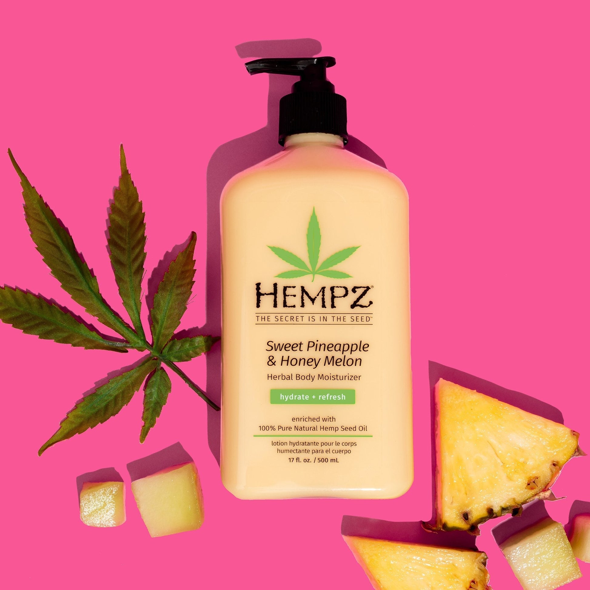 Hempz Sweet Pineapple & Honey Melon Herbal Body Moisturizing Lotion with 100% pure hemp seed oil, pineapple extract, jojoba seed oil, and shea butter