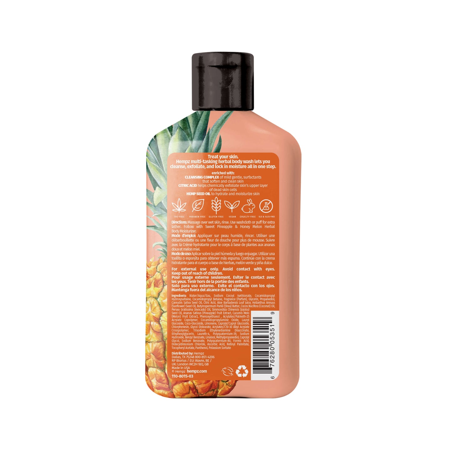 Hempz Sweet Pineapple & Honey Melon Herbal Body Wash to Exfoliate, Cleanse & Hydrate, Back