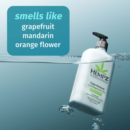 Hempz Triple Moisture lotion with a fresh citrus scent with notes of grapefruit, mandarin, and orange flowers