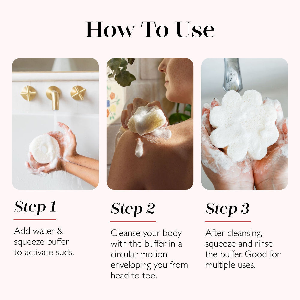 Instructions on how to use a buffer for cleansing, shown in three steps with images and text.