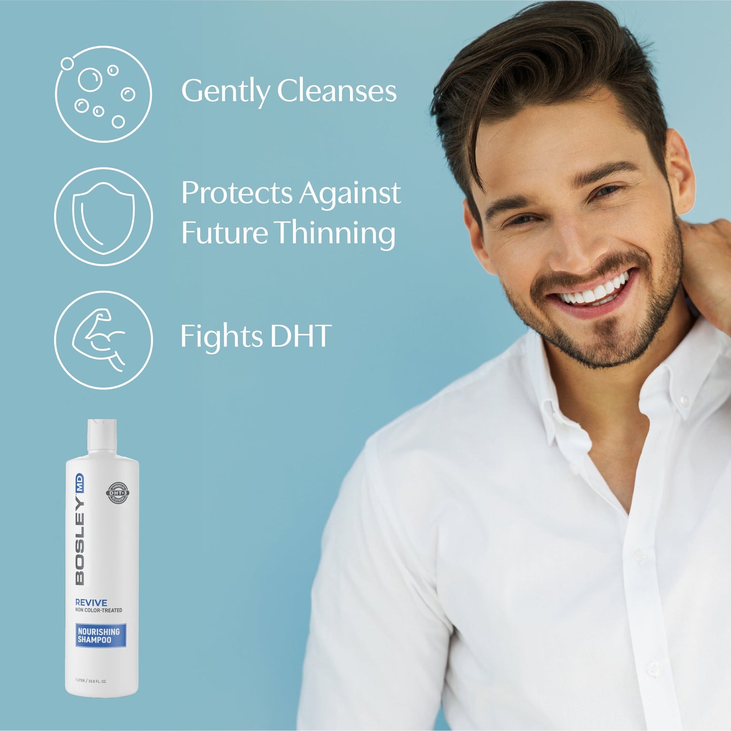 BosleyMD Revive Nourishing Shampoo. Gently cleanses, protects against future thinning, fights DHT.