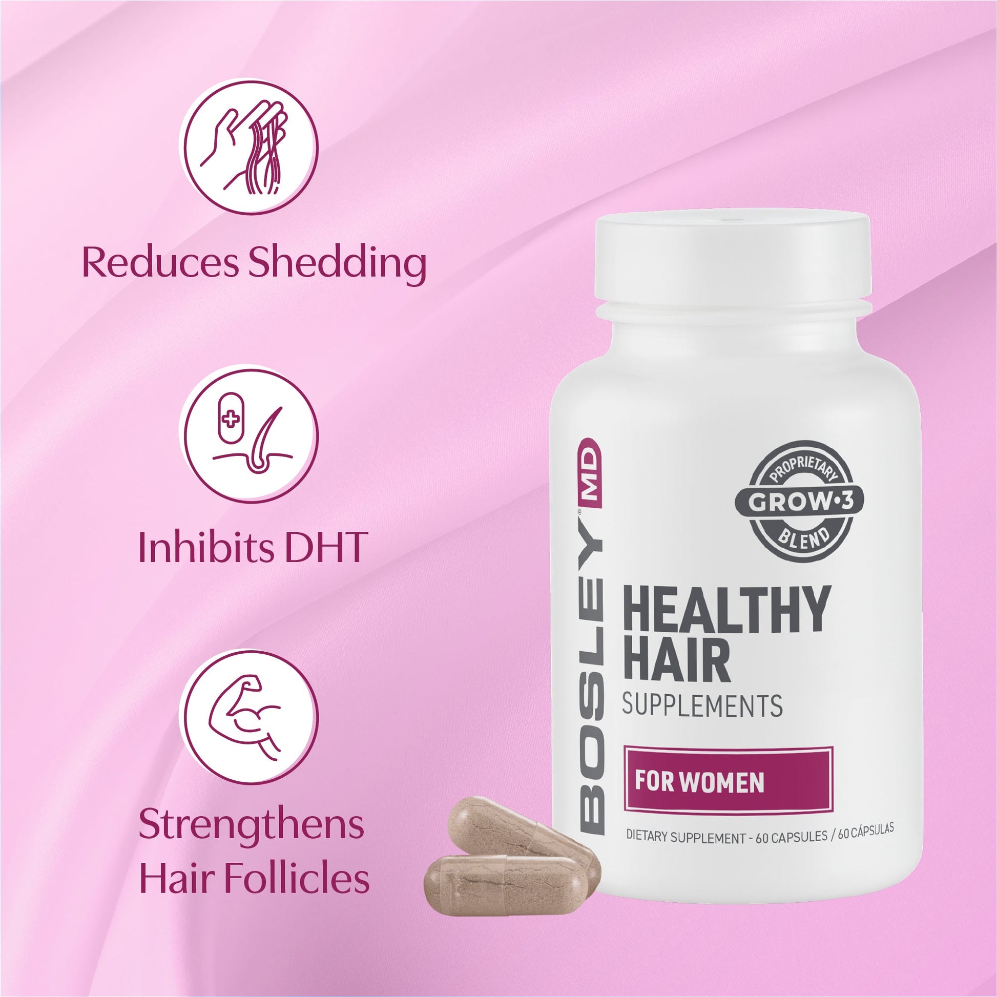 BosleyMD Healthy Hair Supplements for Women. Reduces shedding, inhibits DHT, strengthens hair follicles.