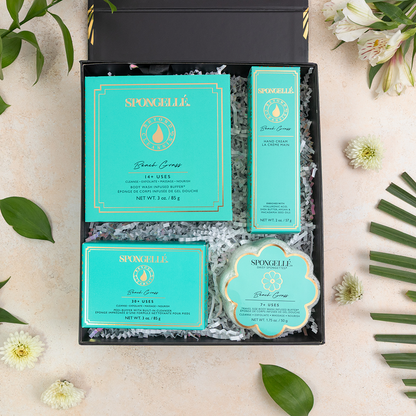 Beach Grass Daisy Gift Set Boxed Flower Body Wash Infused Buffer, Pedi Buffer, Hand Cream, Daisy Spongette Travel Buffer