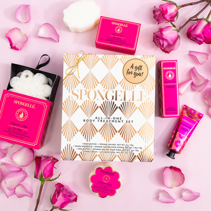 Bulgarian Rose Daisy Gift Set Boxed Flower Body Wash Infused Buffer, Pedi Buffer, Hand Cream, Daisy Spongette Travel Buffer