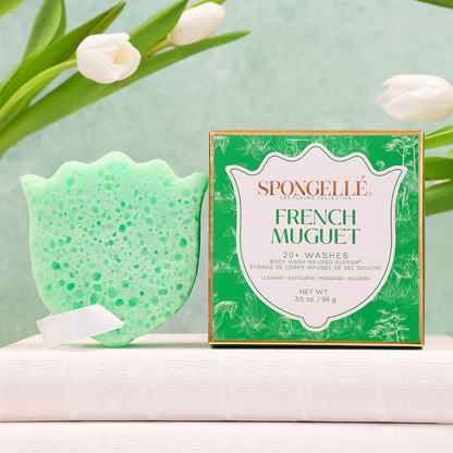 French Muguet Les Fleurs Body Wash Infused Buffer Green Sponge