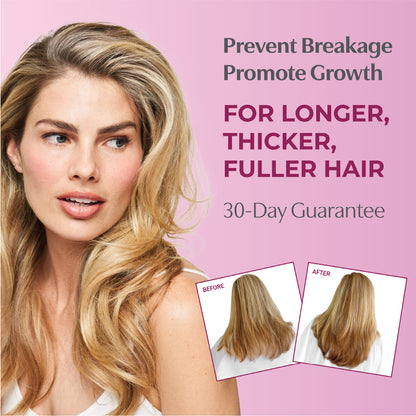 Prevent breakage promote growth, for longer, thicker, fuller hair. 30-day guarantee with before and after images of a female.