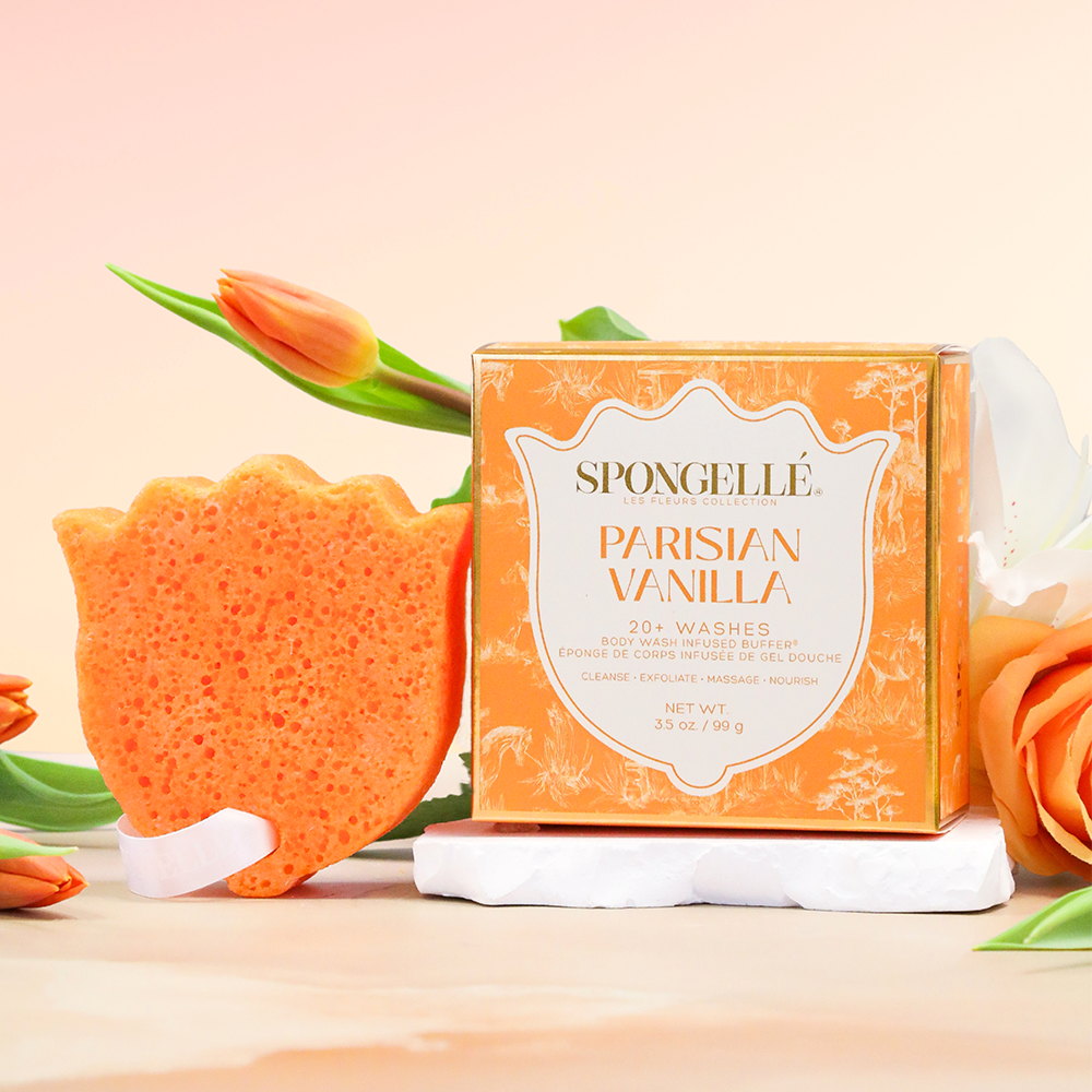 Parisian Vanilla Les Fleurs Body Wash Infused Buffer Orange Sponge