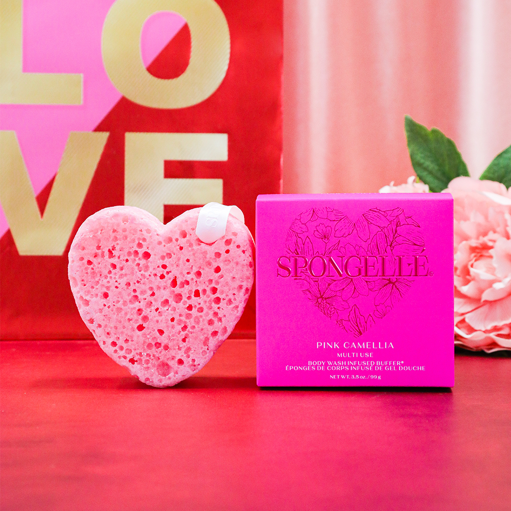 Pink Camellia Heart Body Wash Infused Buffer Pink Sponge