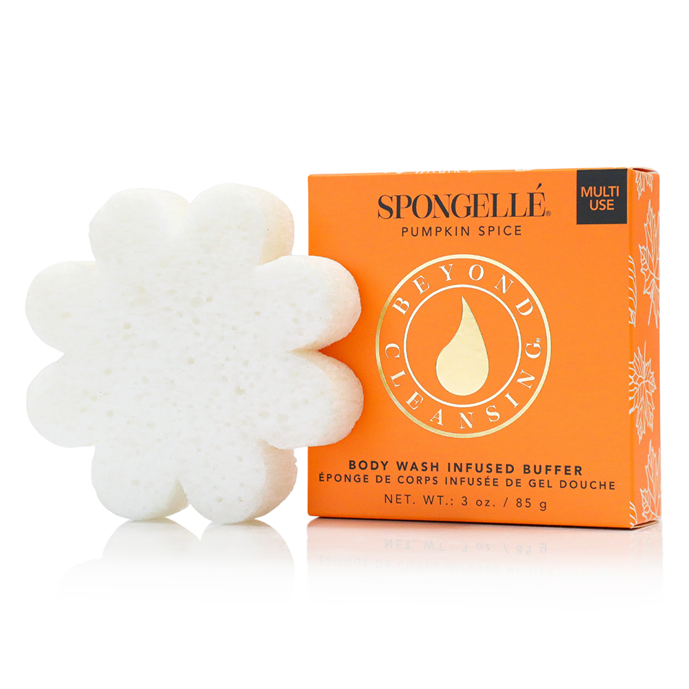 Spongelle Pumpkin Spice body wash infused buffer with packaging on a white background